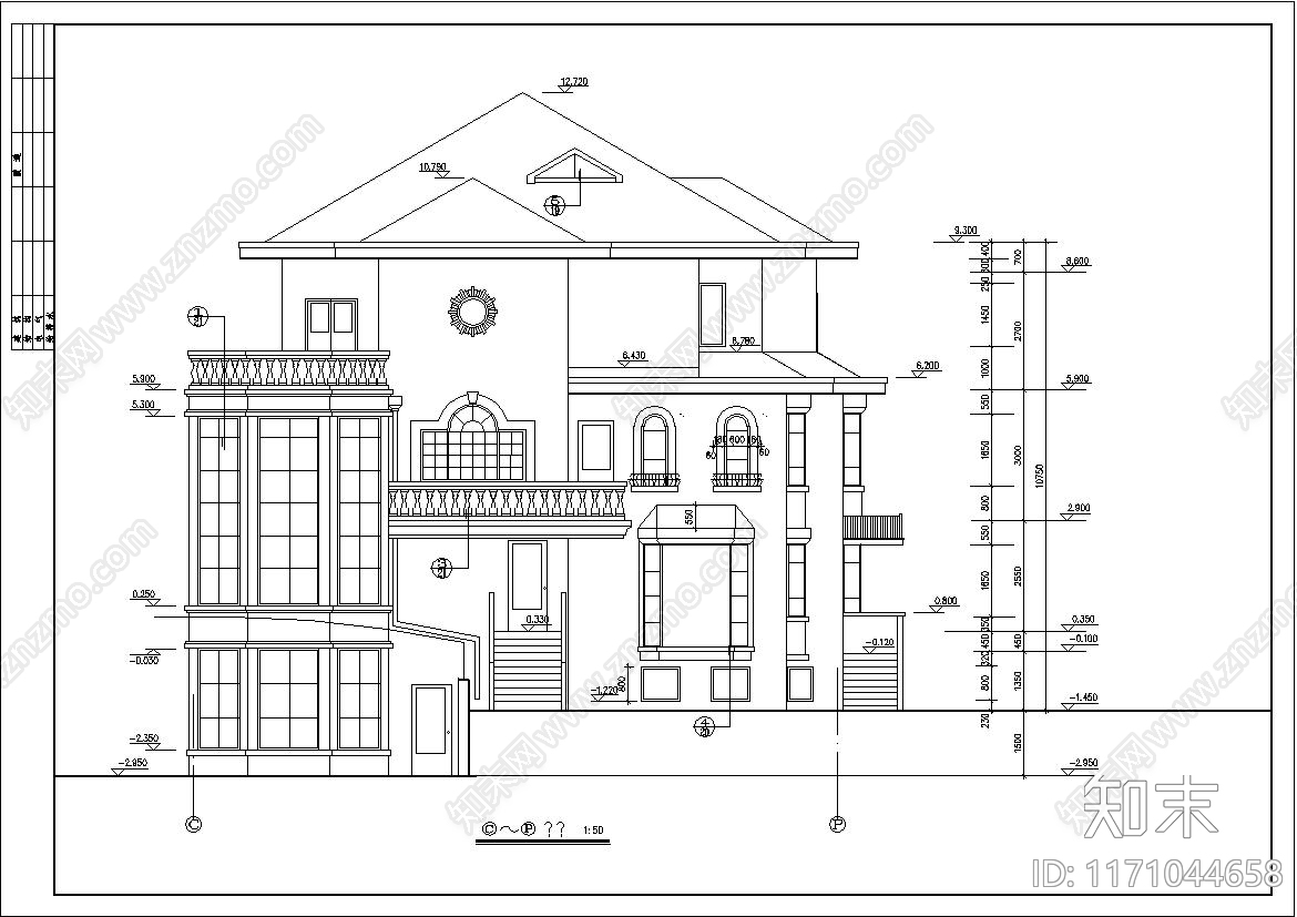 欧式简欧别墅建筑cad施工图下载【ID:1171044658】