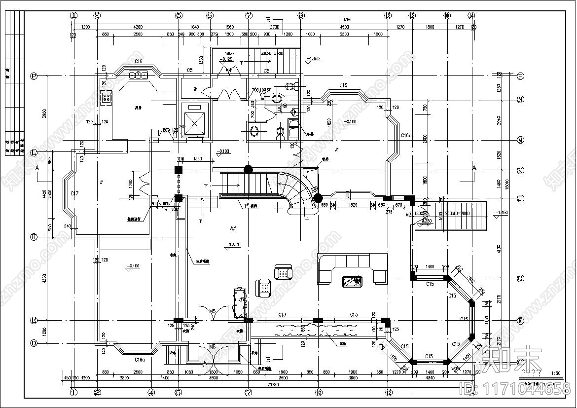 欧式简欧别墅建筑cad施工图下载【ID:1171044658】