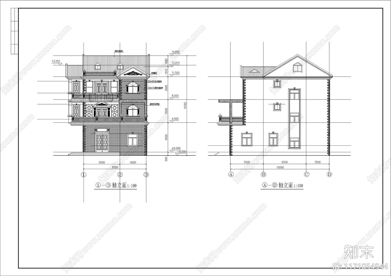 欧式别墅建筑cad施工图下载【ID:1171054944】