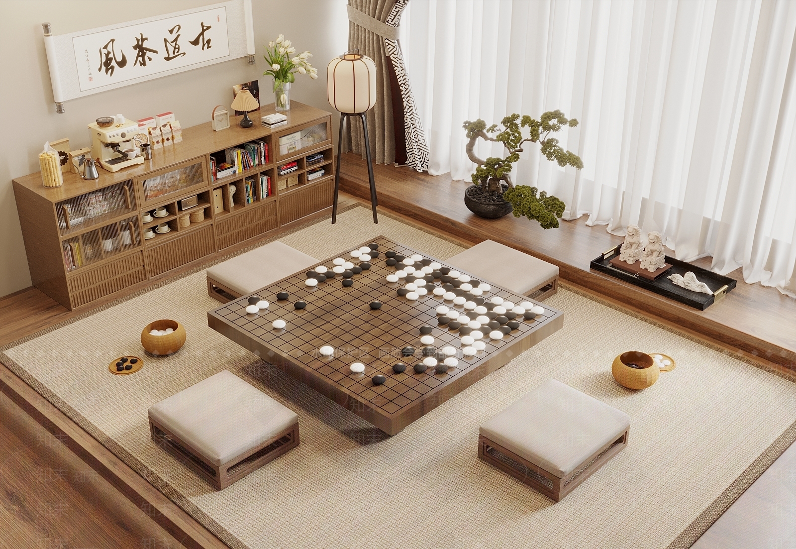新中式原木榻榻米卧室3D模型下载【ID:1171076279】