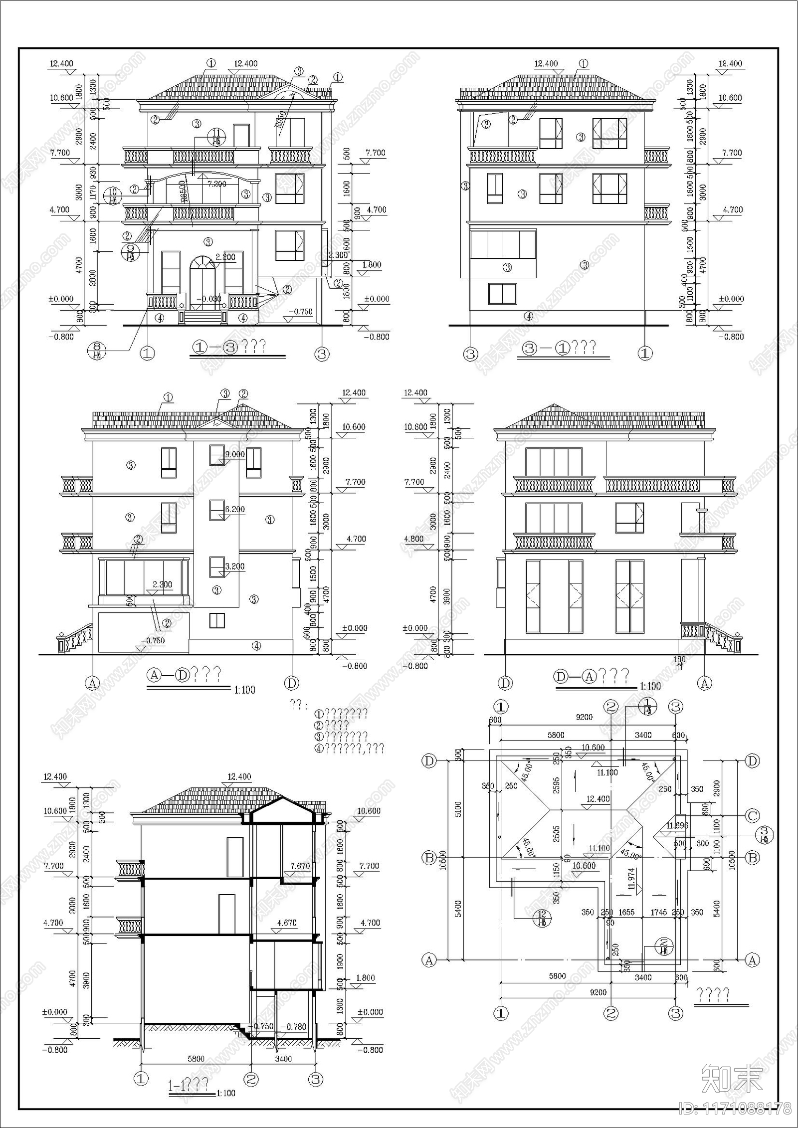 欧式别墅建筑cad施工图下载【ID:1171088178】