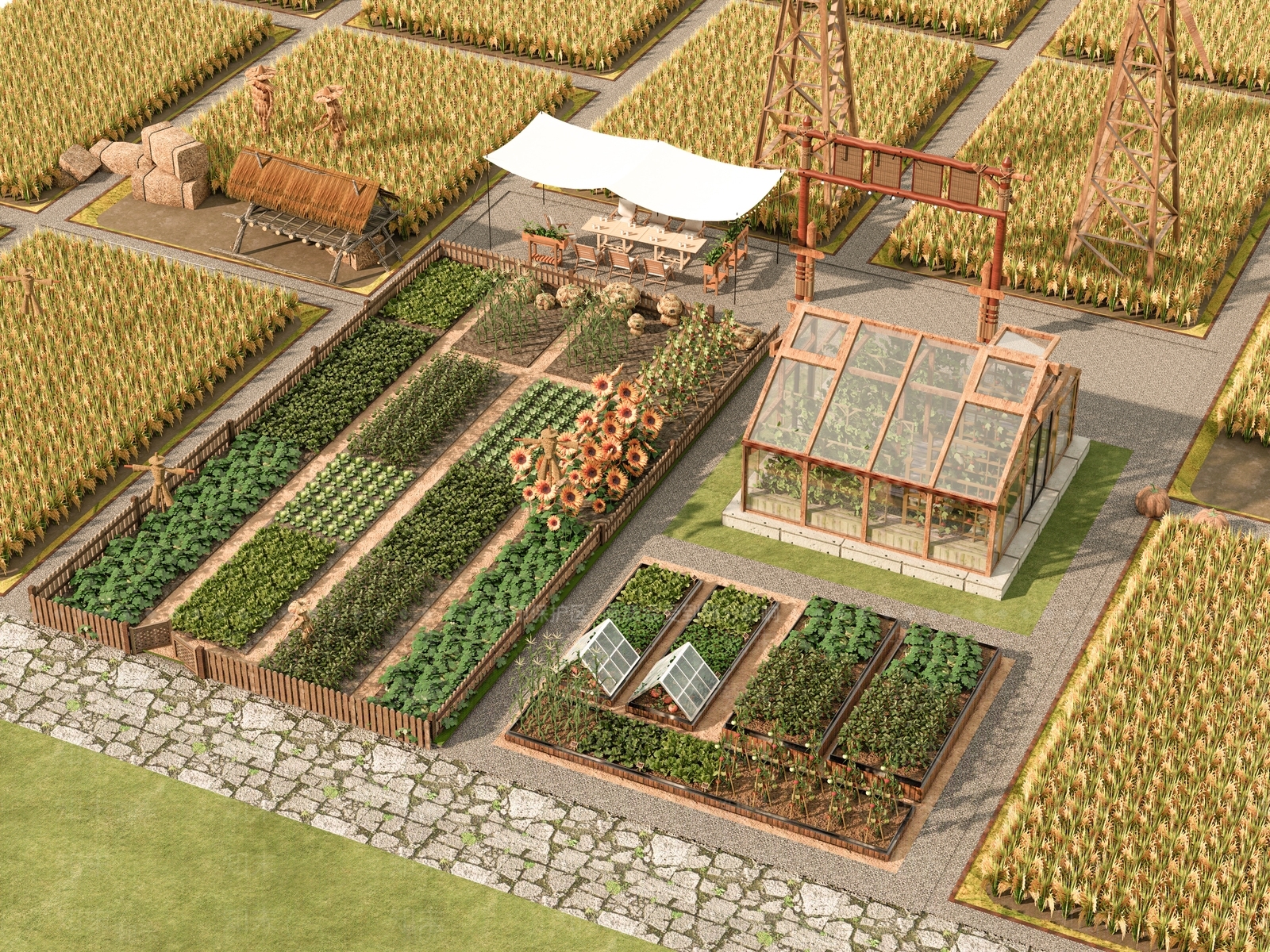 新中式现代农场SU模型下载【ID:1171114596】