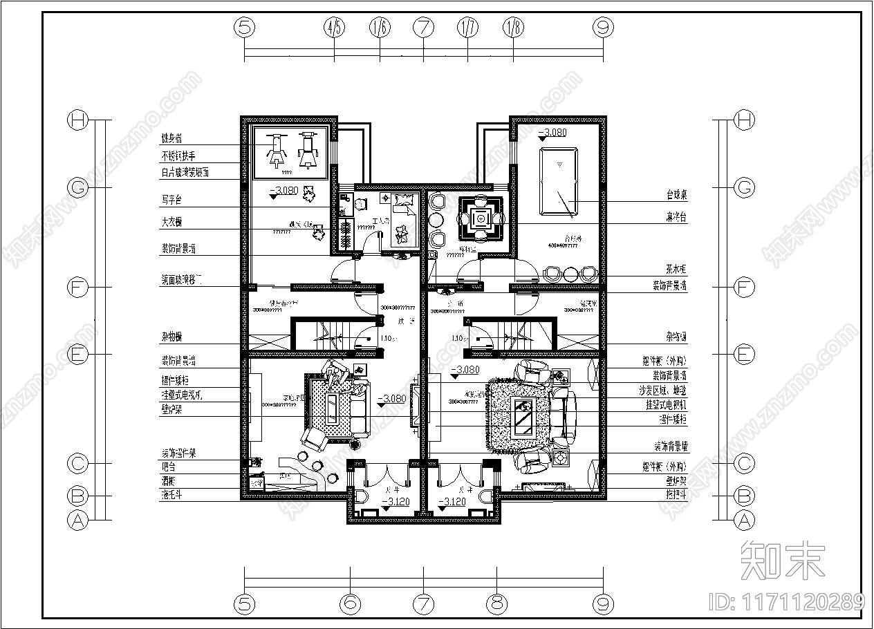 现代整体家装空间cad施工图下载【ID:1171120289】