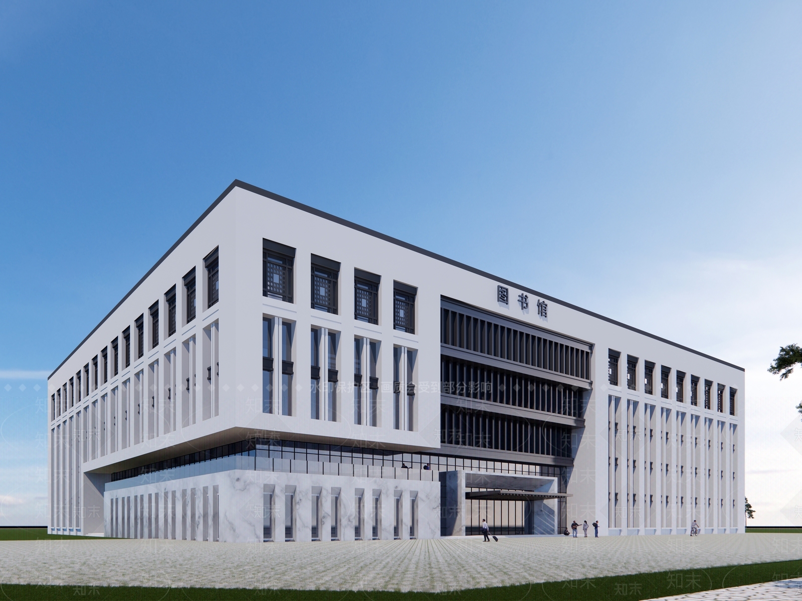 新中式中式图书馆建筑SU模型下载【ID:1171125186】