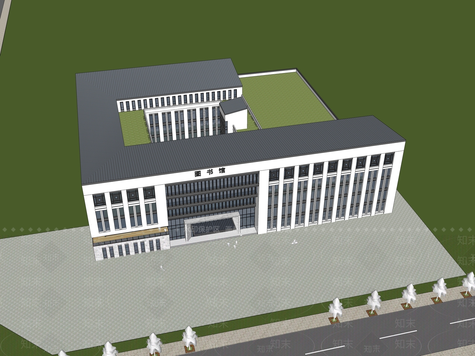 新中式中式图书馆建筑SU模型下载【ID:1171125186】