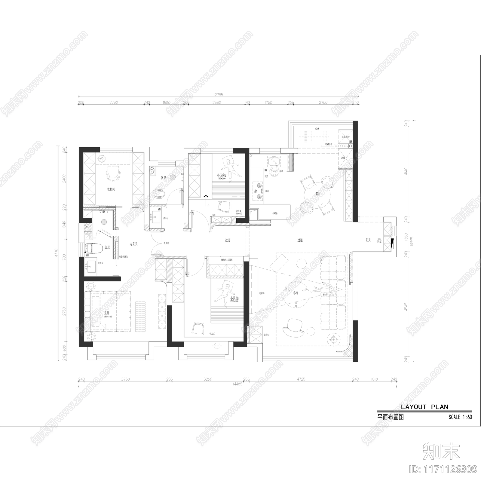 法式现代整体家装空间施工图下载【ID:1171126309】