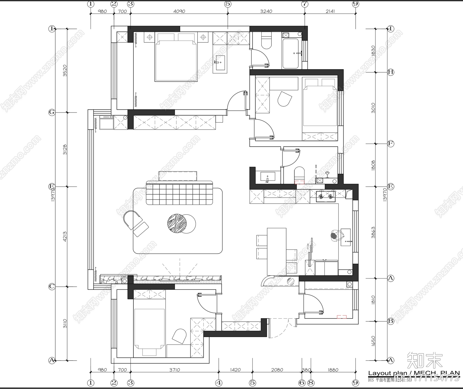 现代整体家装空间cad施工图下载【ID:1171154773】