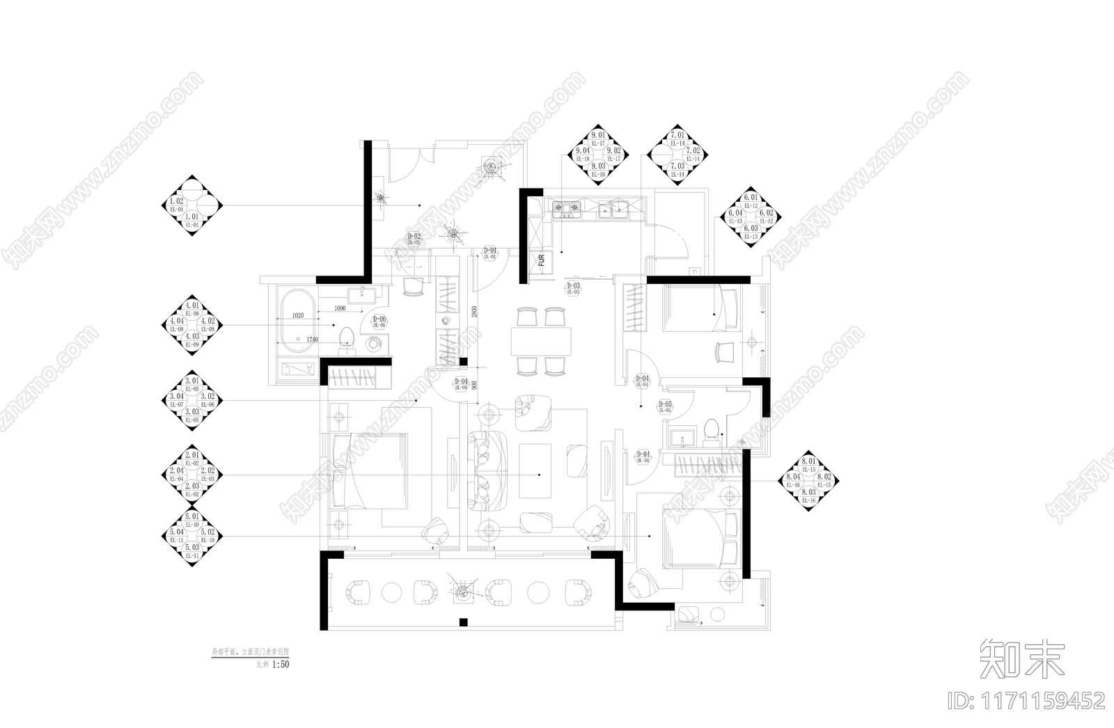 整体家装空间cad施工图下载【ID:1171159452】