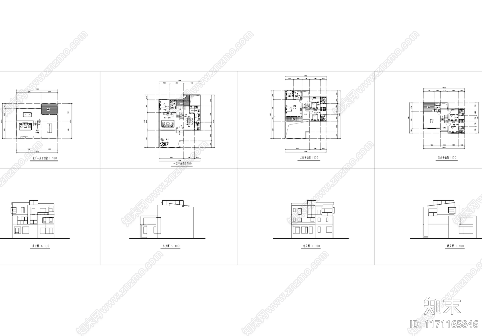 现代别墅建筑cad施工图下载【ID:1171165846】