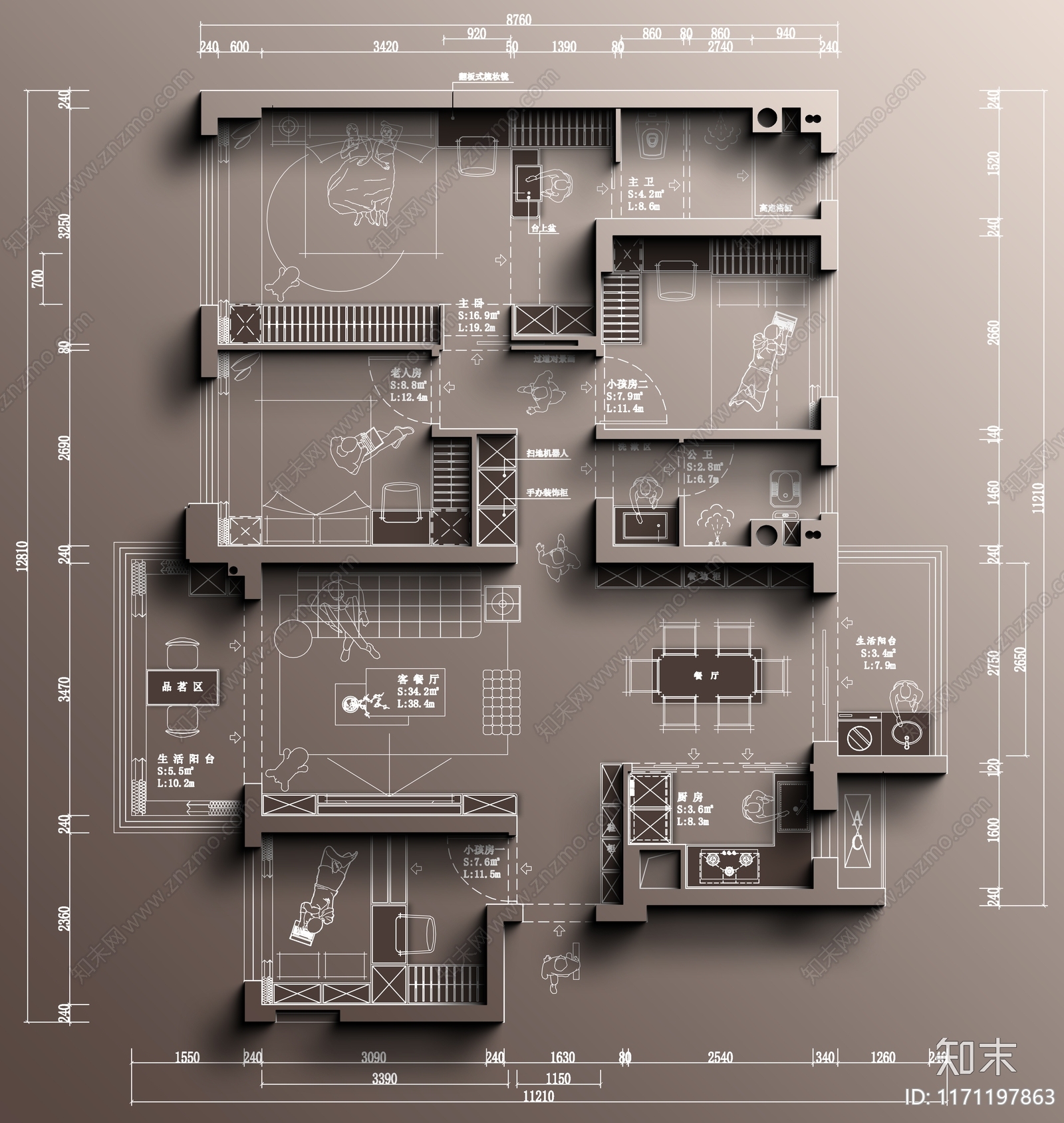 现代整体家装空间cad施工图下载【ID:1171197863】