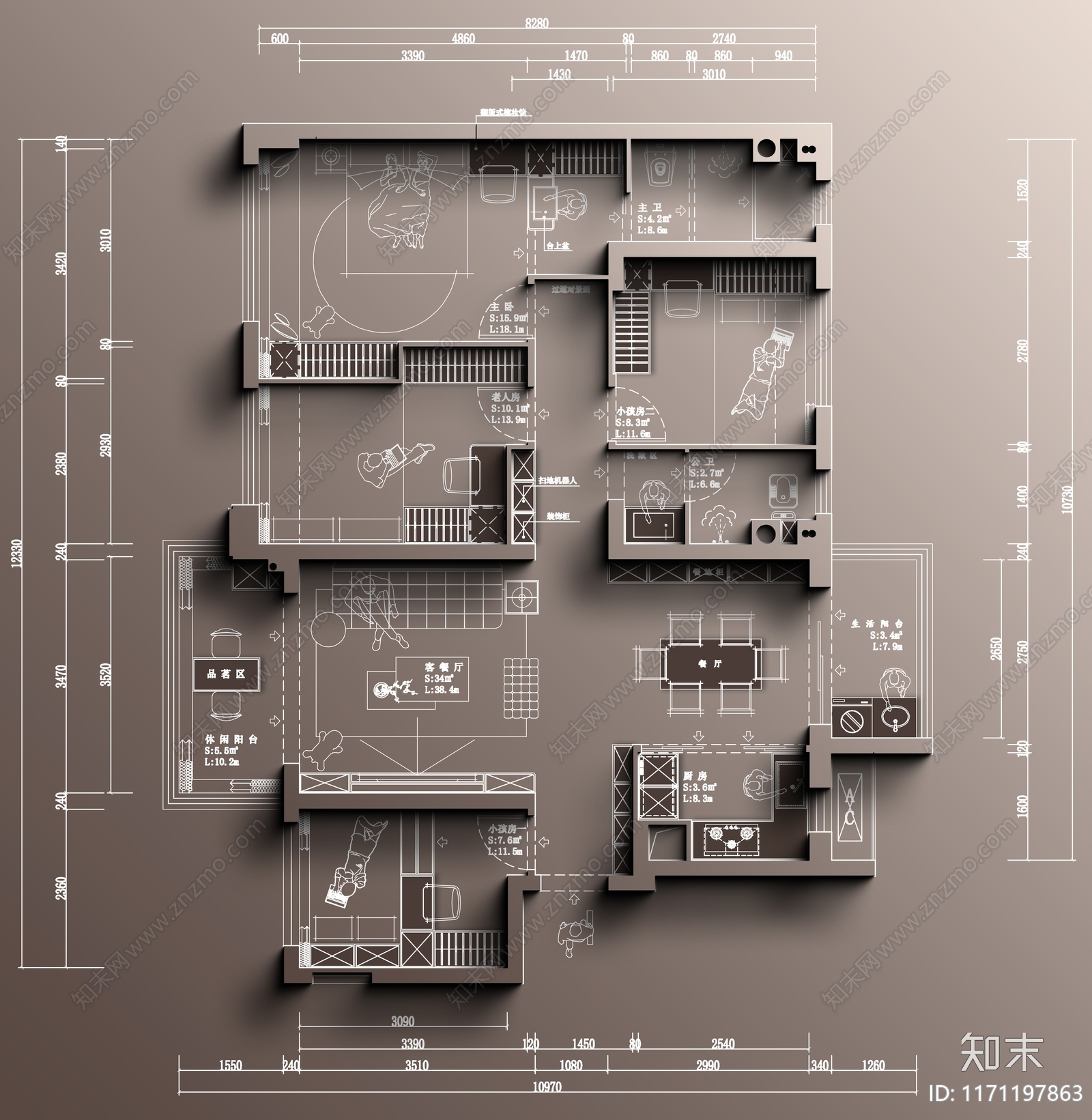 现代整体家装空间cad施工图下载【ID:1171197863】