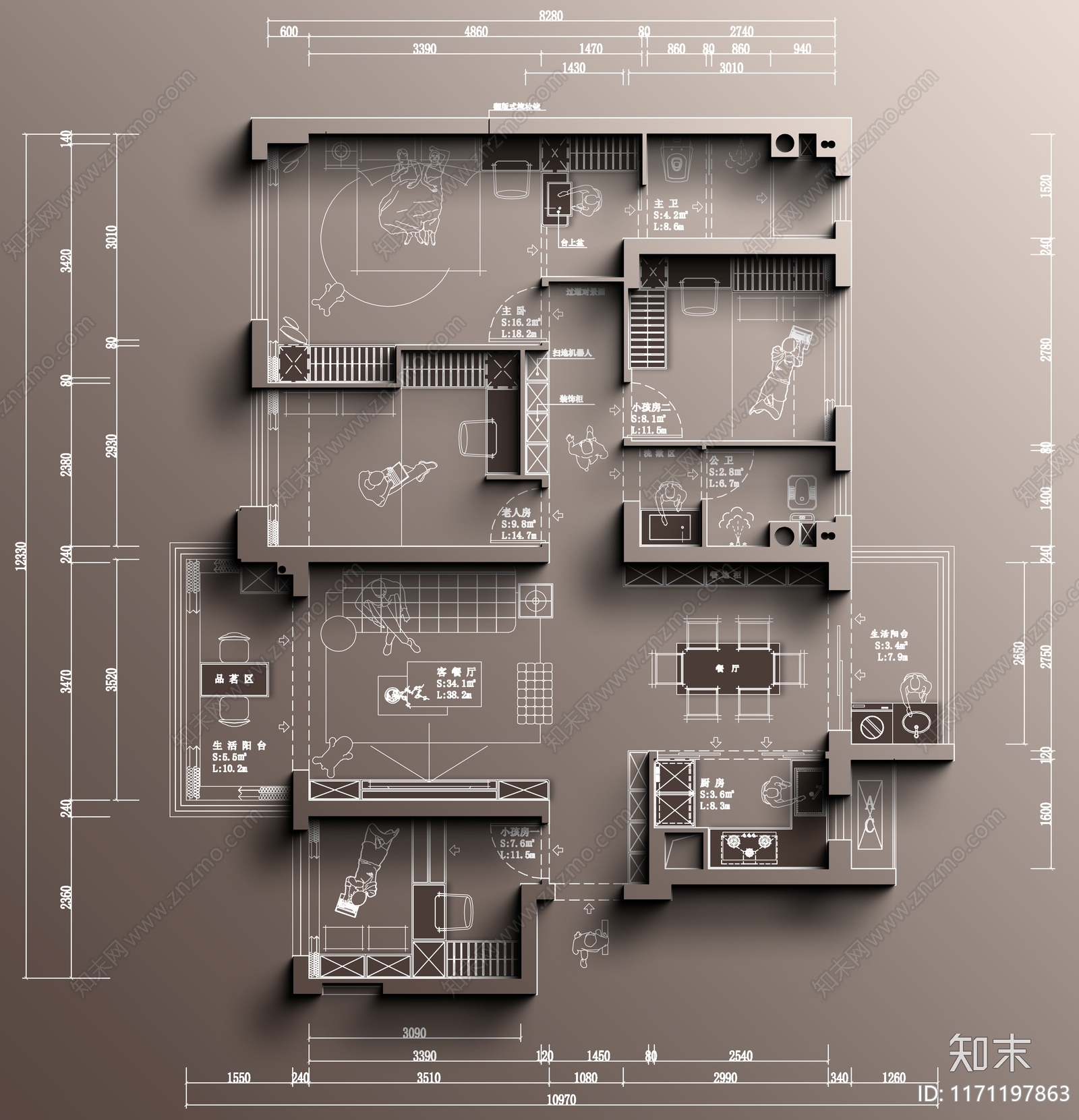 现代整体家装空间cad施工图下载【ID:1171197863】