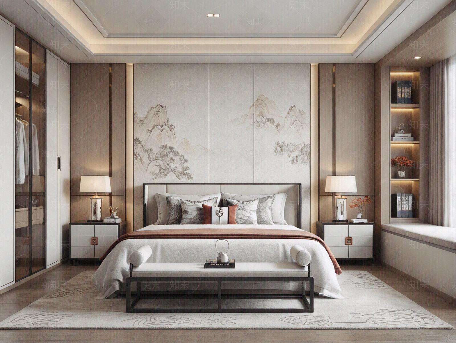 现代新中式卧室贴图下载【ID:1171215527】