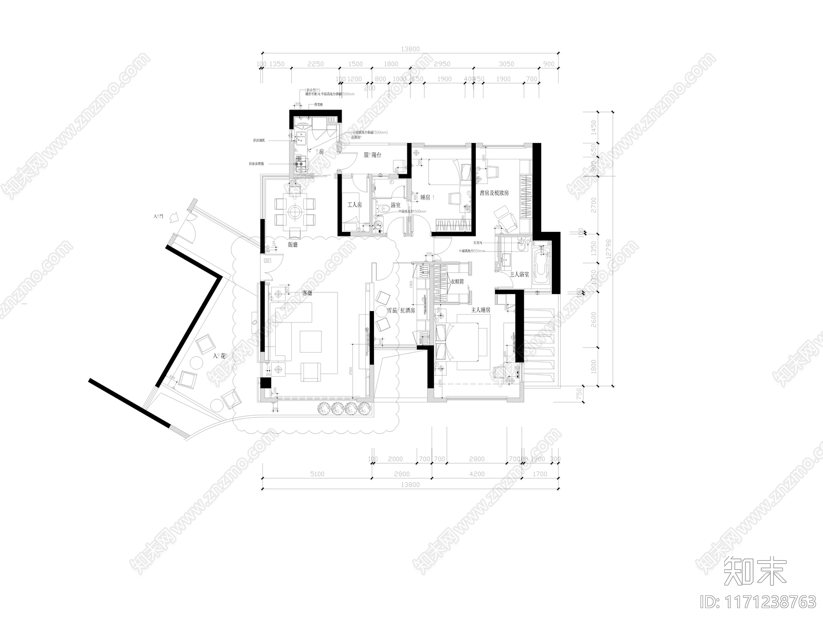 整体家装空间cad施工图下载【ID:1171238763】