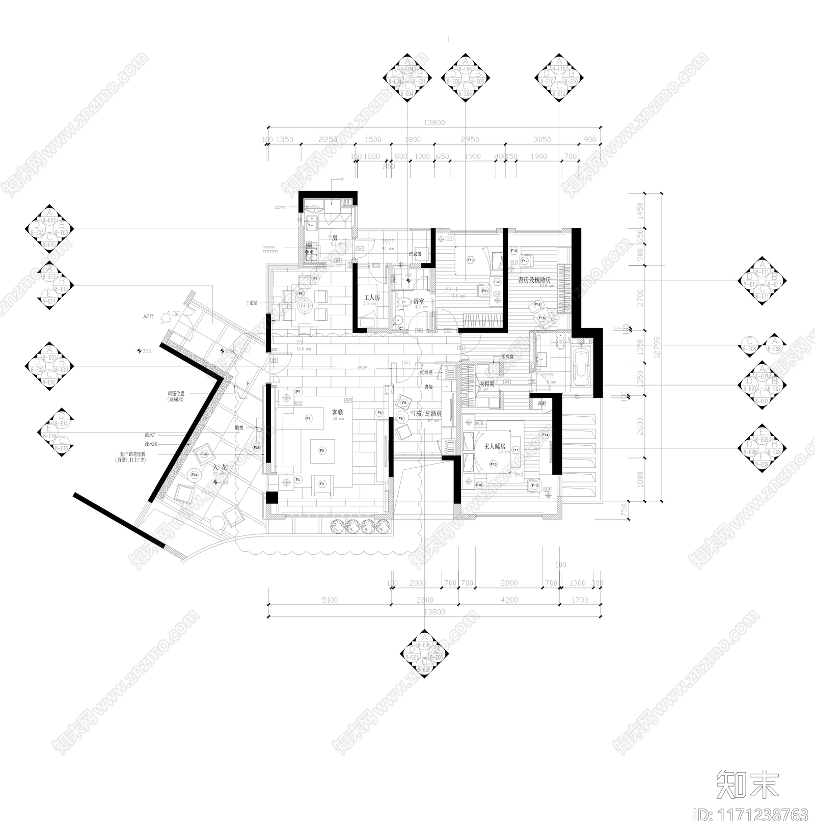 整体家装空间cad施工图下载【ID:1171238763】