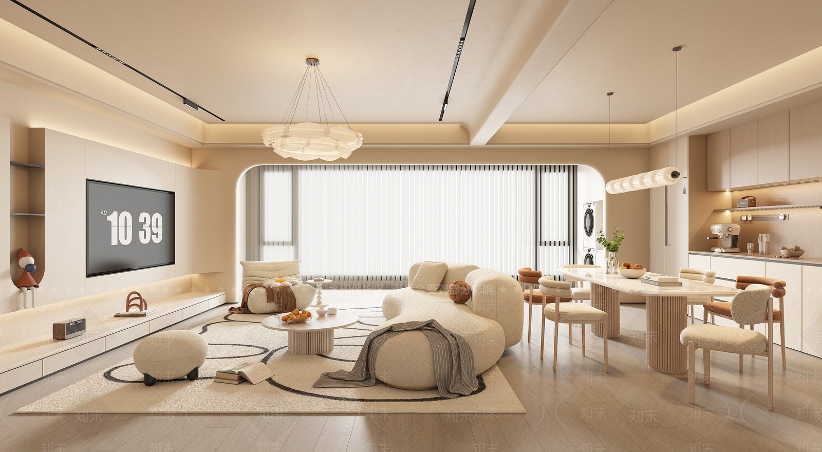 现代奶油客餐厅3D模型下载【ID:1171252417】