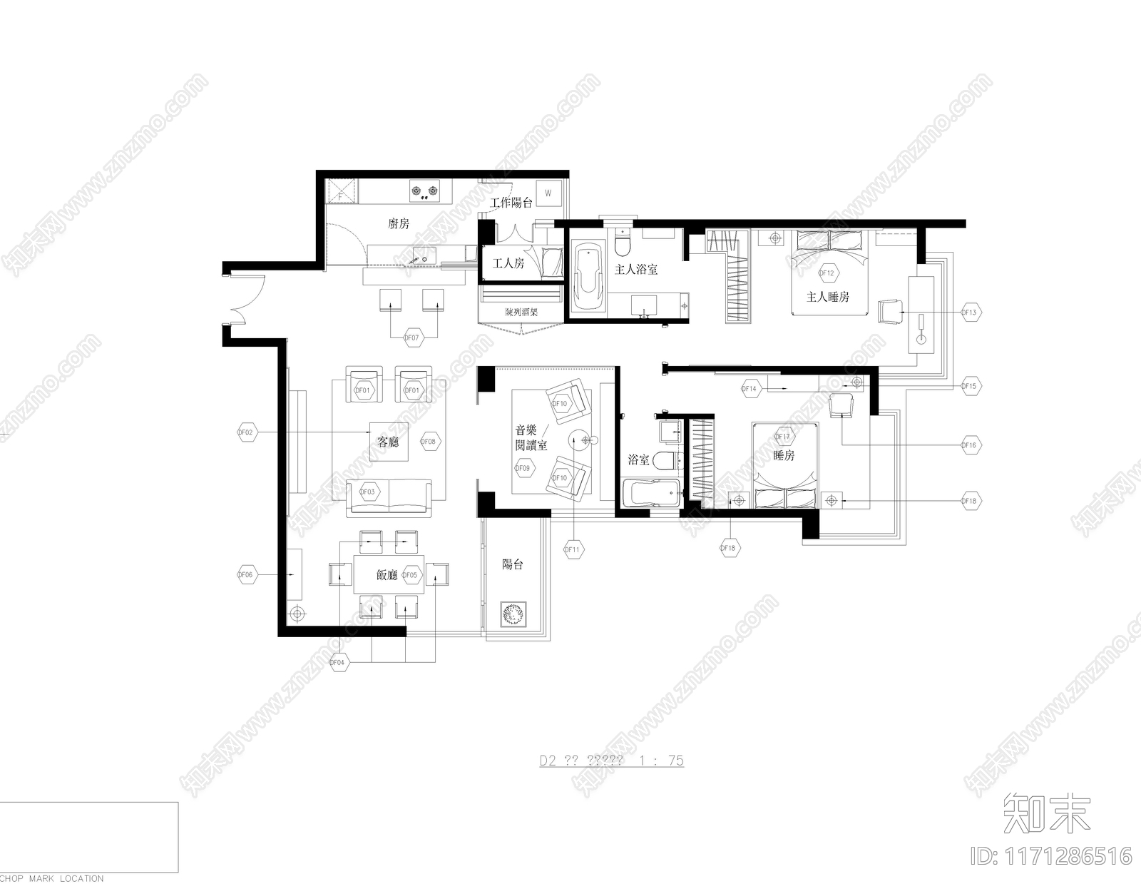 整体家装空间cad施工图下载【ID:1171286516】