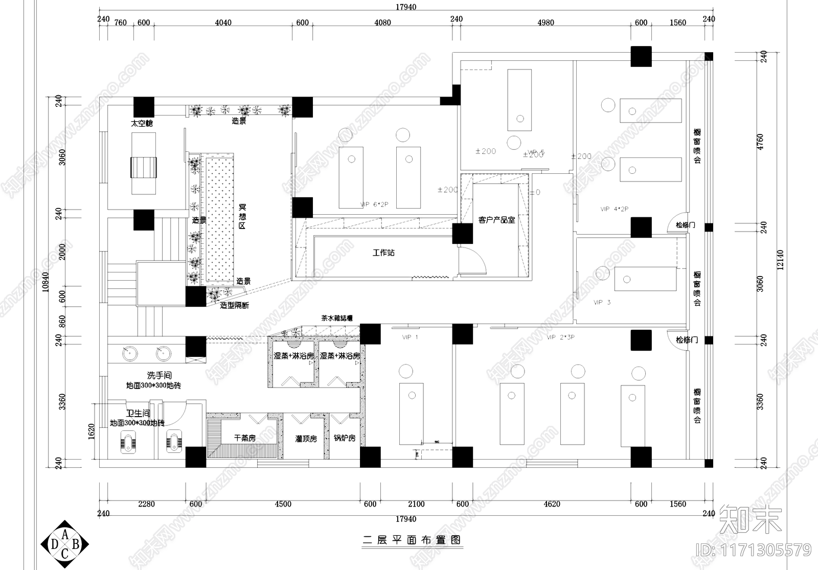 现代洗浴中心施工图下载【ID:1171305579】