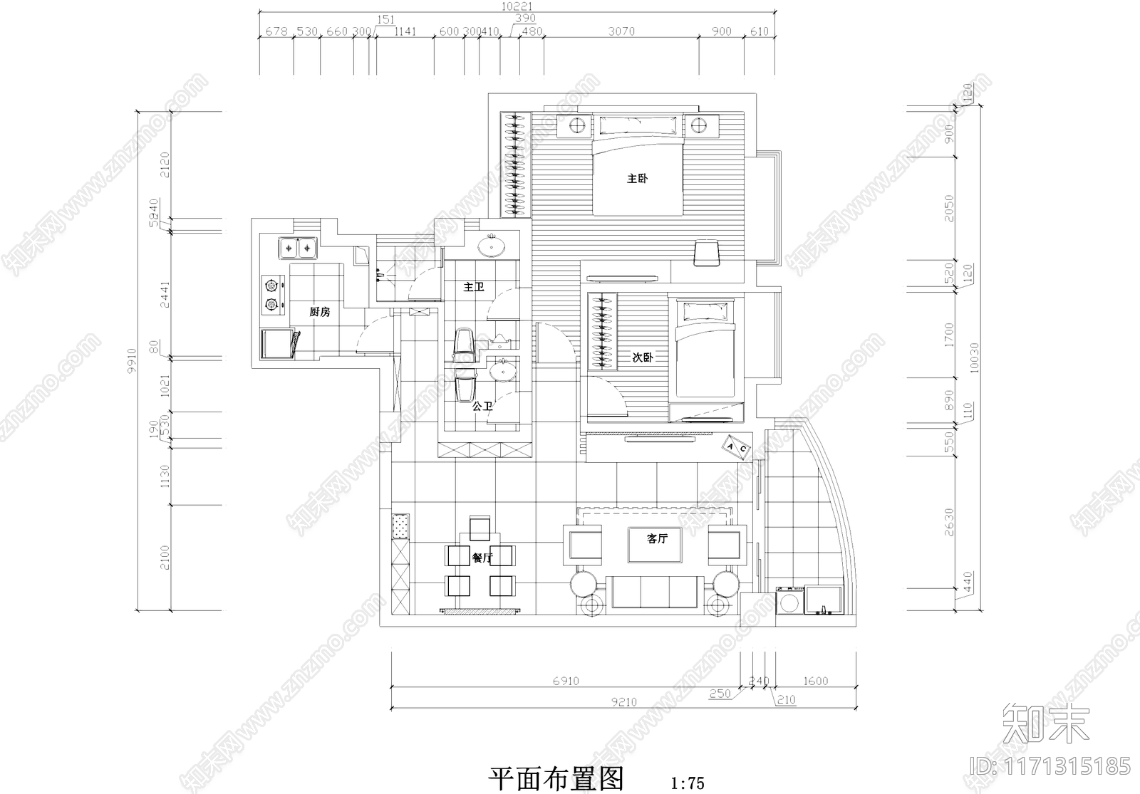 现代慧景城两室一厅两卫平层室内家装cad施工图下载【ID:1171315185】