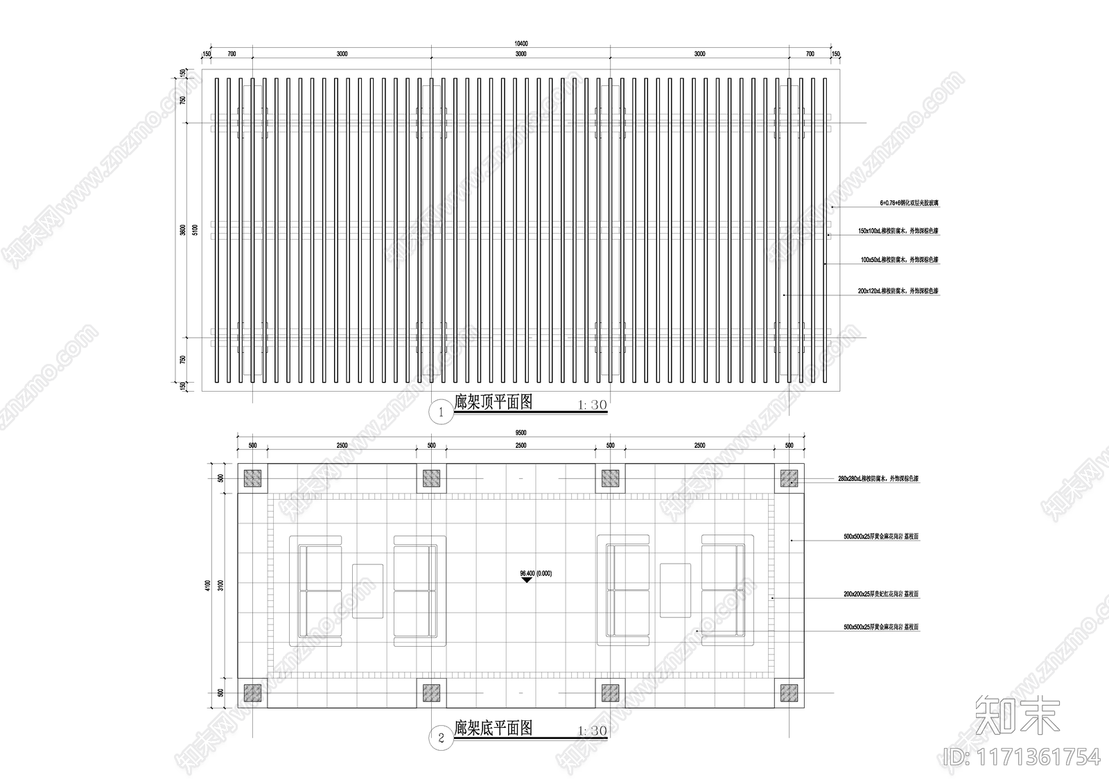 现代廊架cad施工图下载【ID:1171361754】