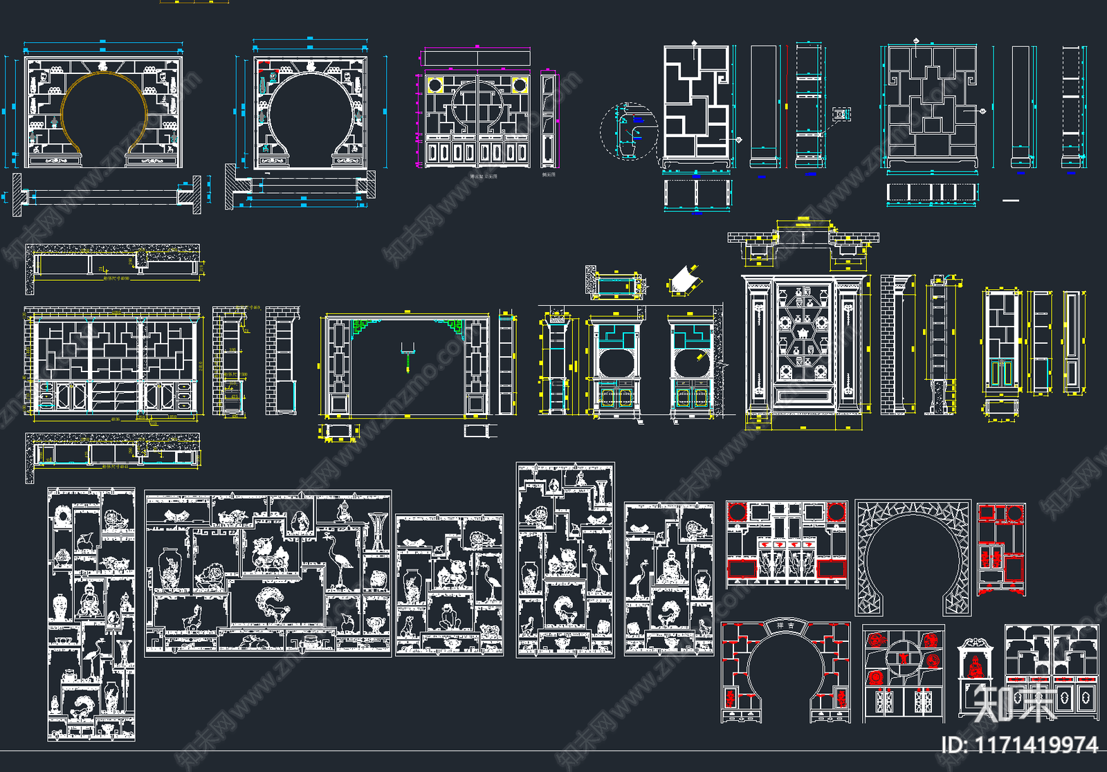 新中式博古架雕花博古柜CAD图库cad施工图下载【ID:1171419974】