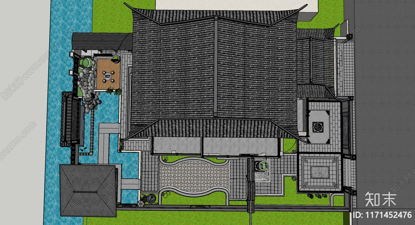 中式轻奢别墅庭院SU模型下载【ID:1171452476】