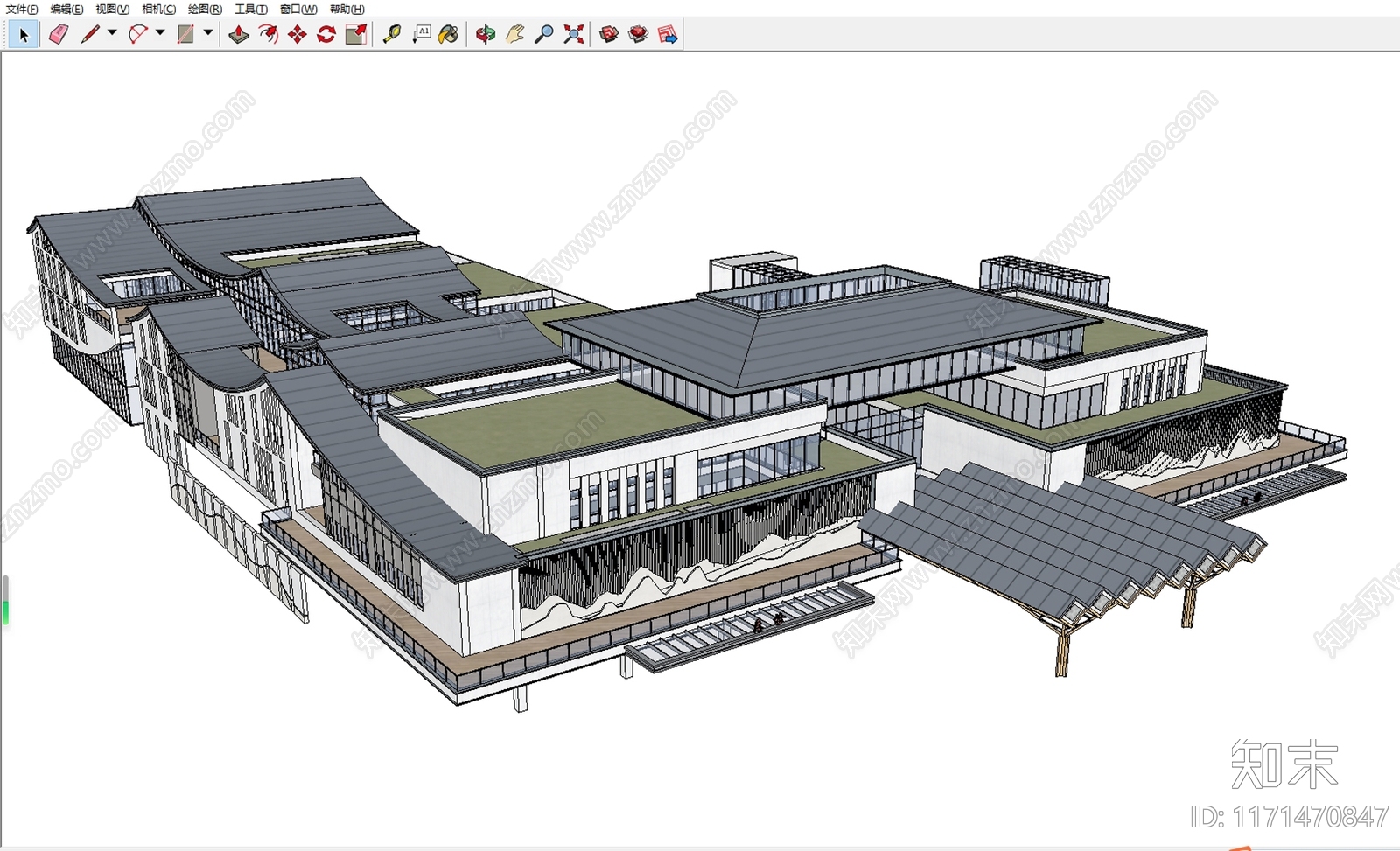 中式新中式医院建筑SU模型下载【ID:1171470847】