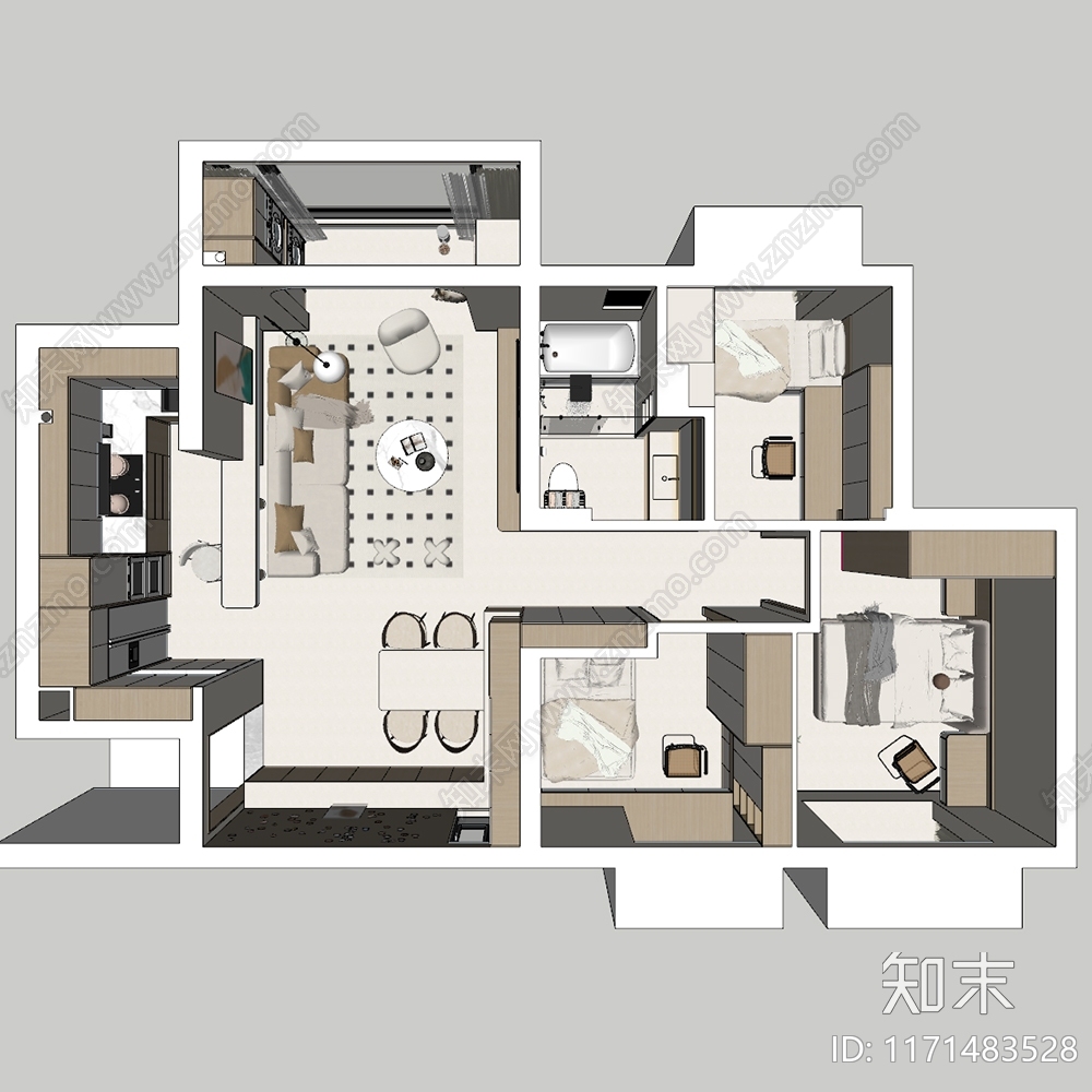 原木奶油家装鸟瞰SU模型下载【ID:1171483528】