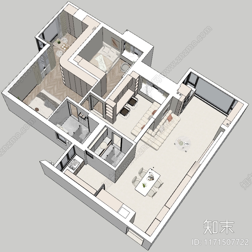 奶油原木家装鸟瞰SU模型下载【ID:1171507722】