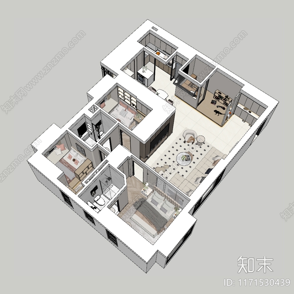 现代奶油家装鸟瞰SU模型下载【ID:1171530439】