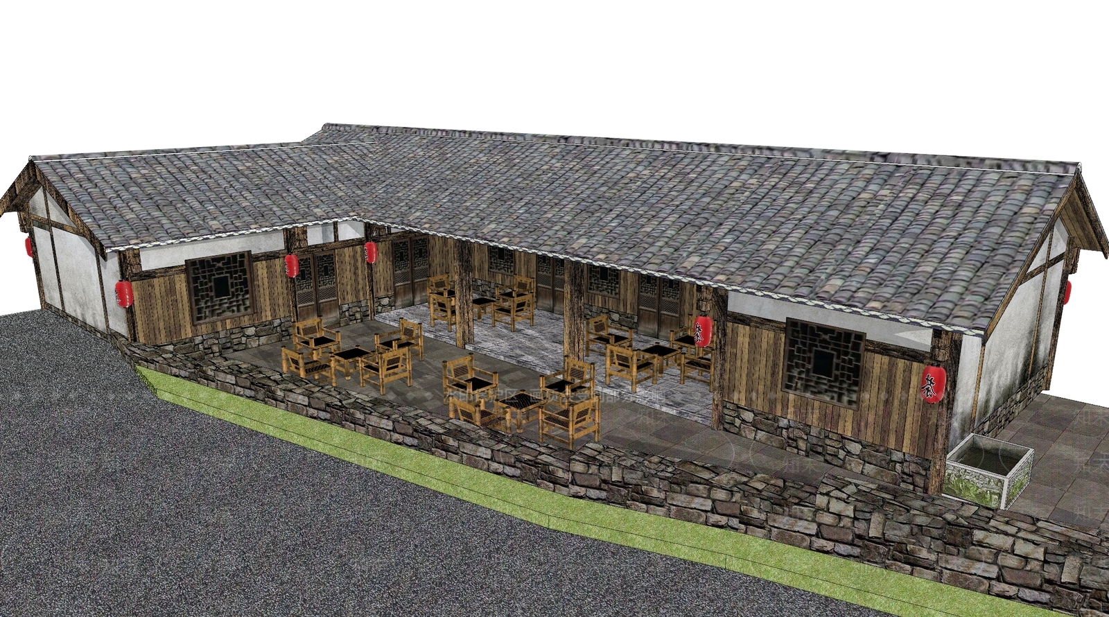 新中式民宿建筑SU模型下载【ID:1171532643】