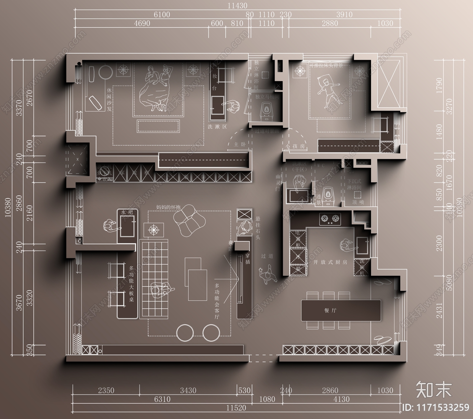 现代整体家装空间cad施工图下载【ID:1171533259】