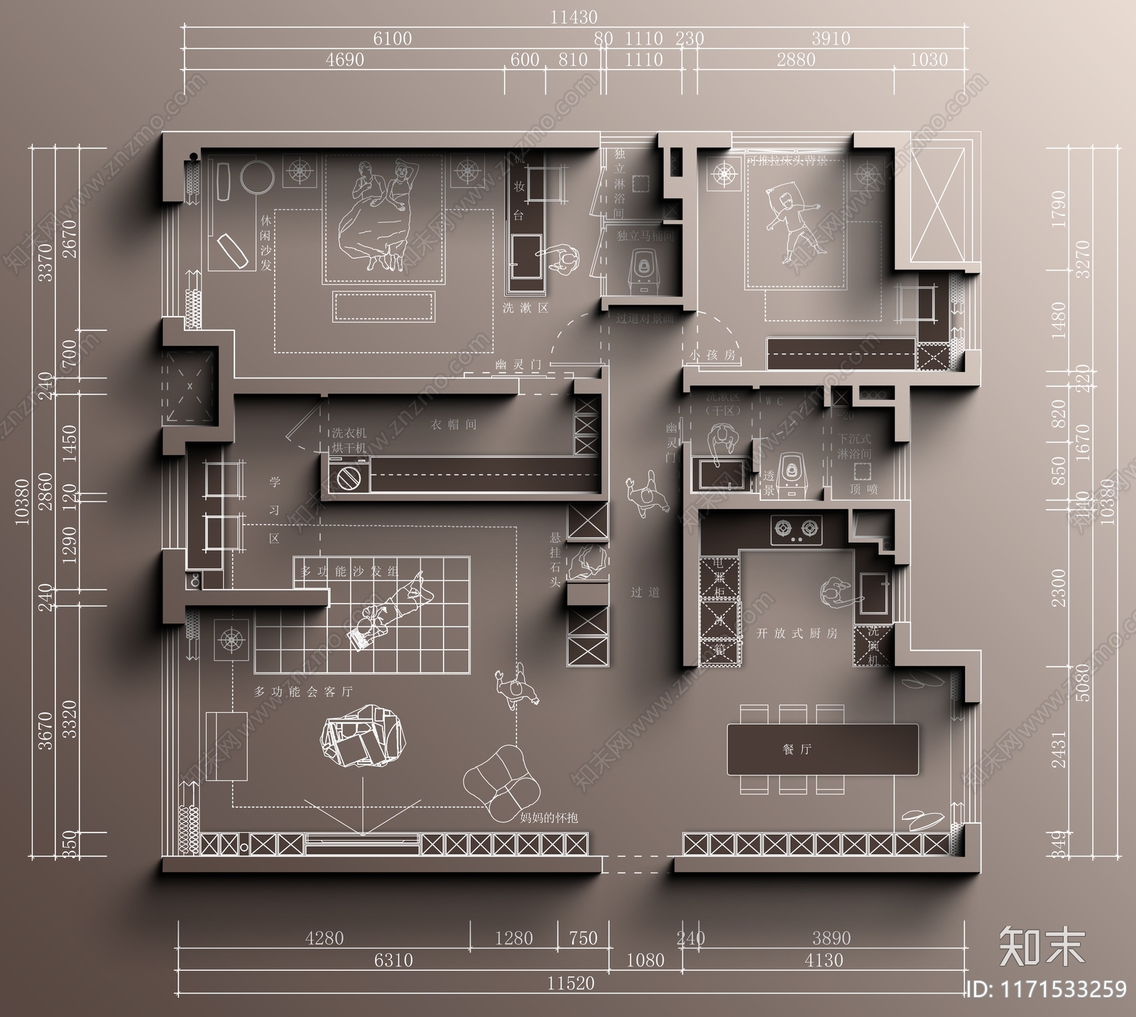 现代整体家装空间cad施工图下载【ID:1171533259】