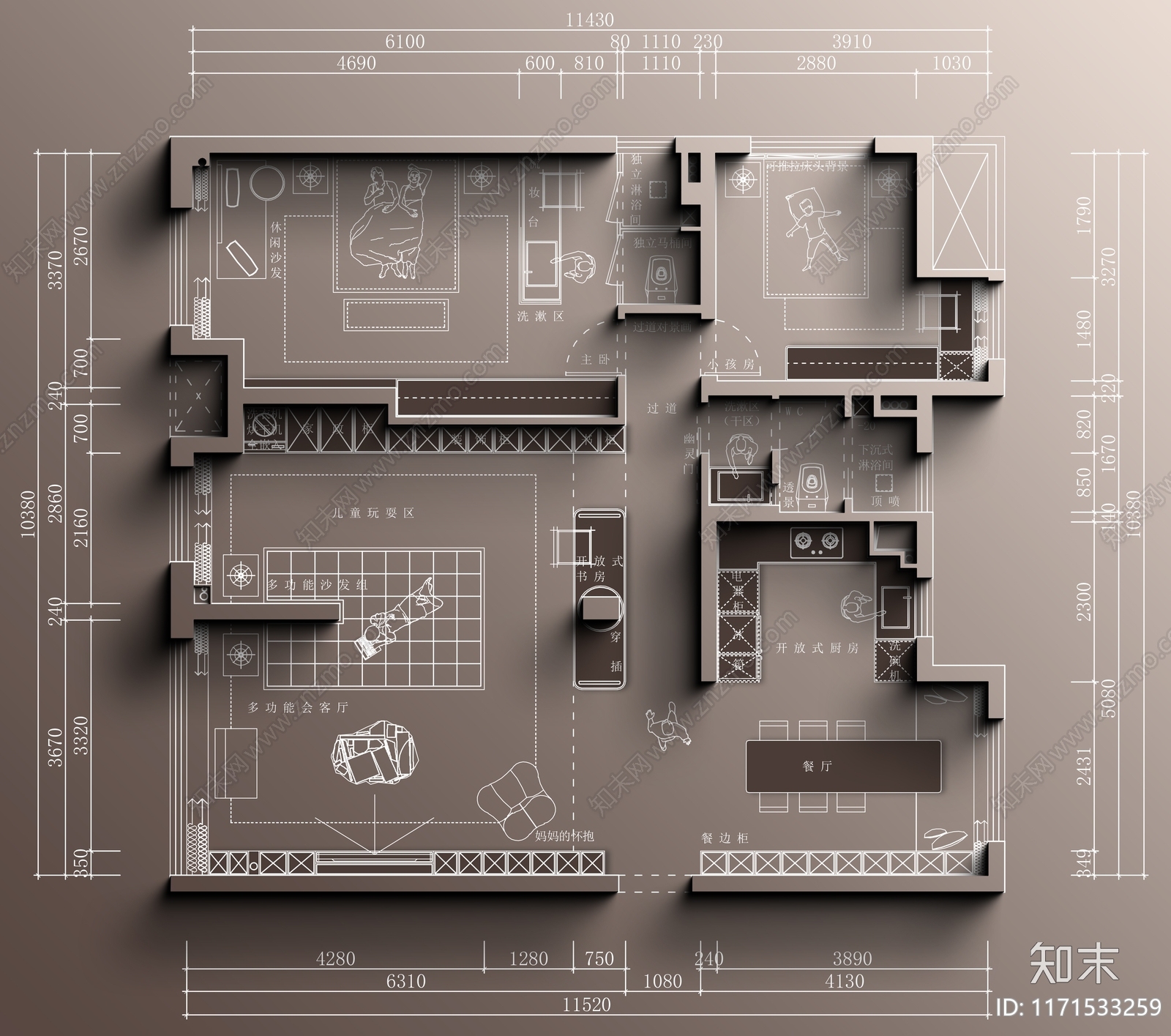 现代整体家装空间cad施工图下载【ID:1171533259】