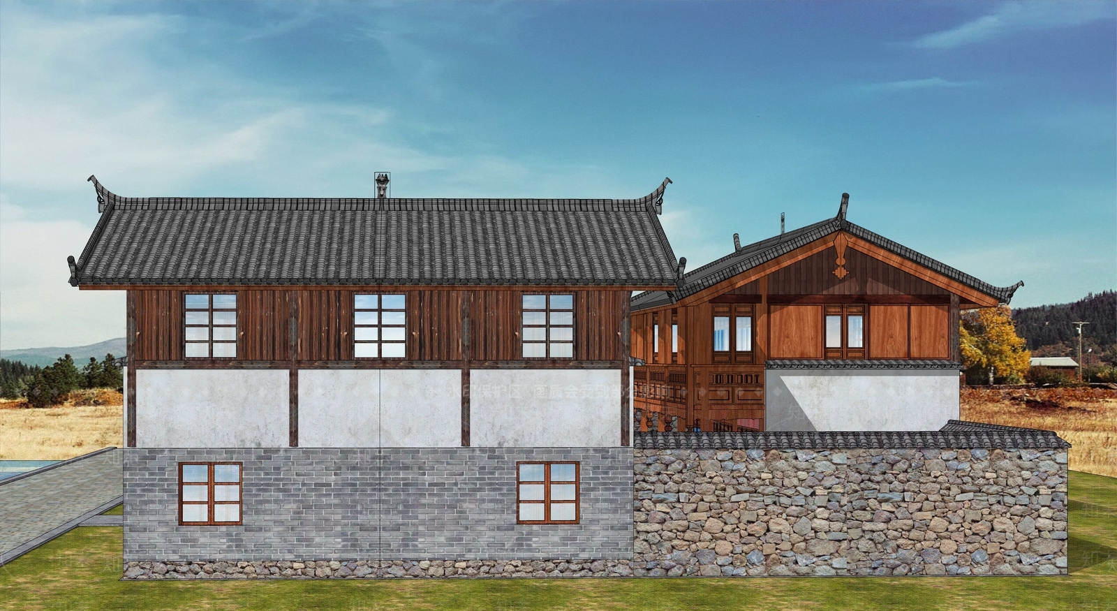 现代新中式民宿建筑SU模型下载【ID:1171569573】