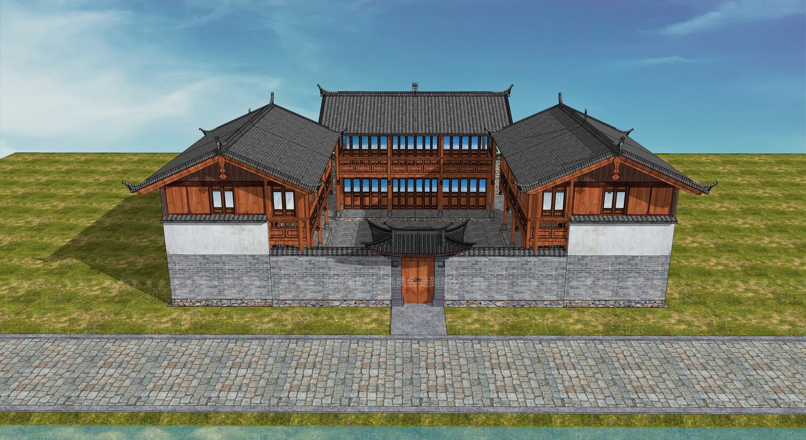 现代新中式四合院SU模型下载【ID:1171572443】
