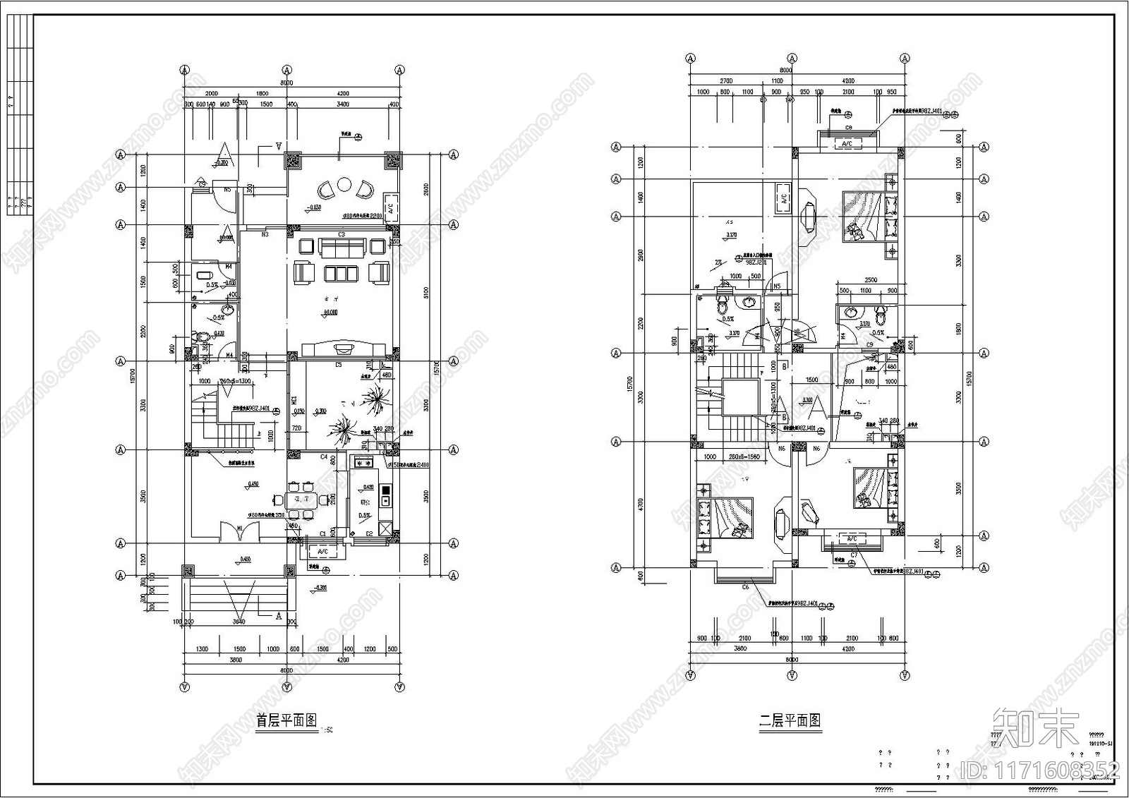 欧式简欧别墅建筑cad施工图下载【ID:1171608352】