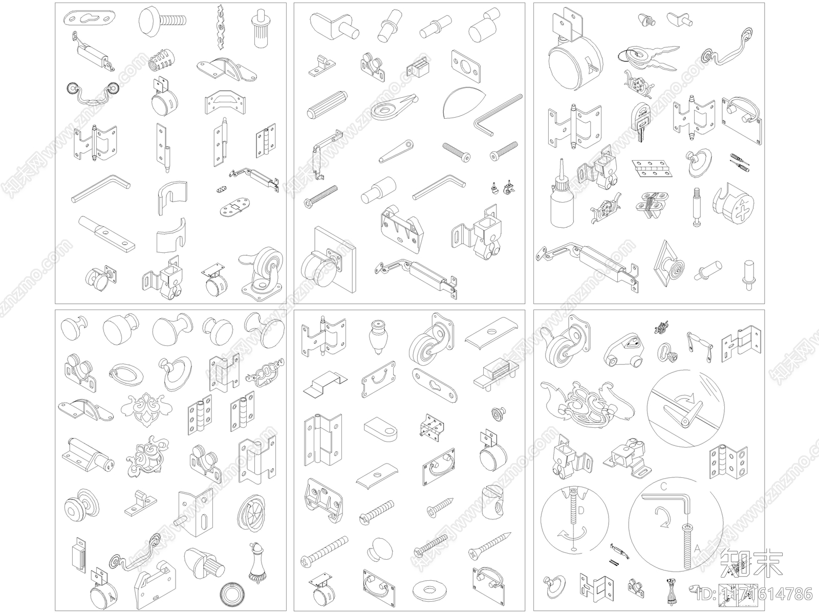 2024年最新五金配件螺丝合页门把拉手铰链CAD图库施工图下载【ID:1171614786】