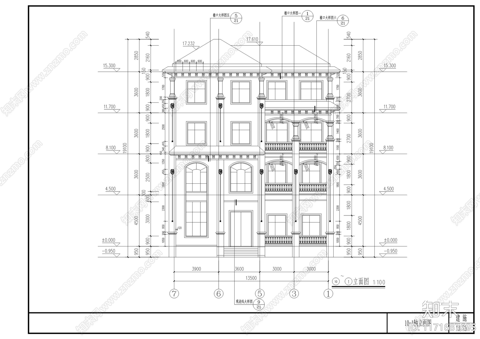 欧式新中式别墅建筑cad施工图下载【ID:1171687695】