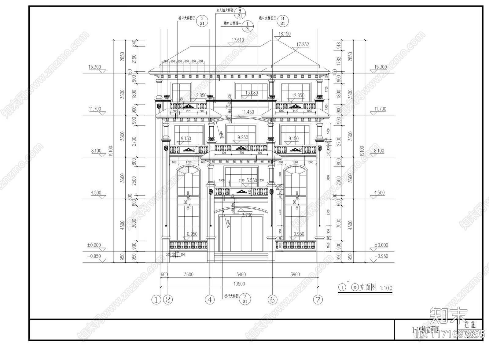 欧式新中式别墅建筑cad施工图下载【ID:1171687695】