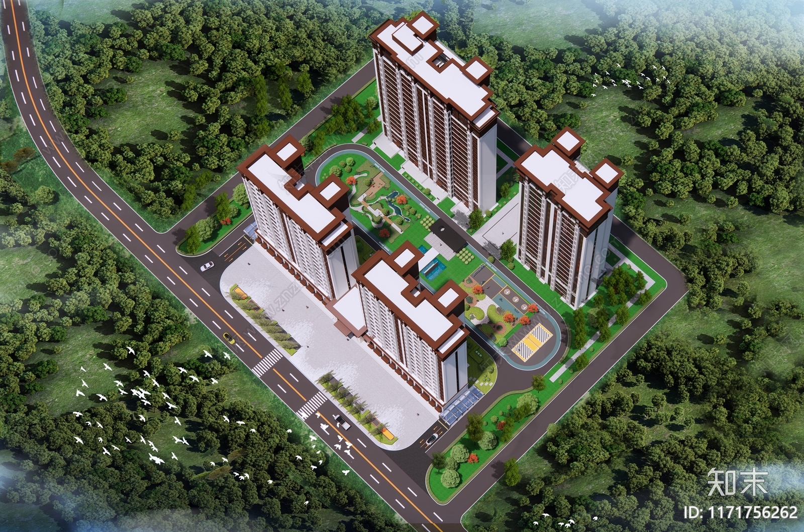 现代新中式小区建筑SU模型下载【ID:1171756262】