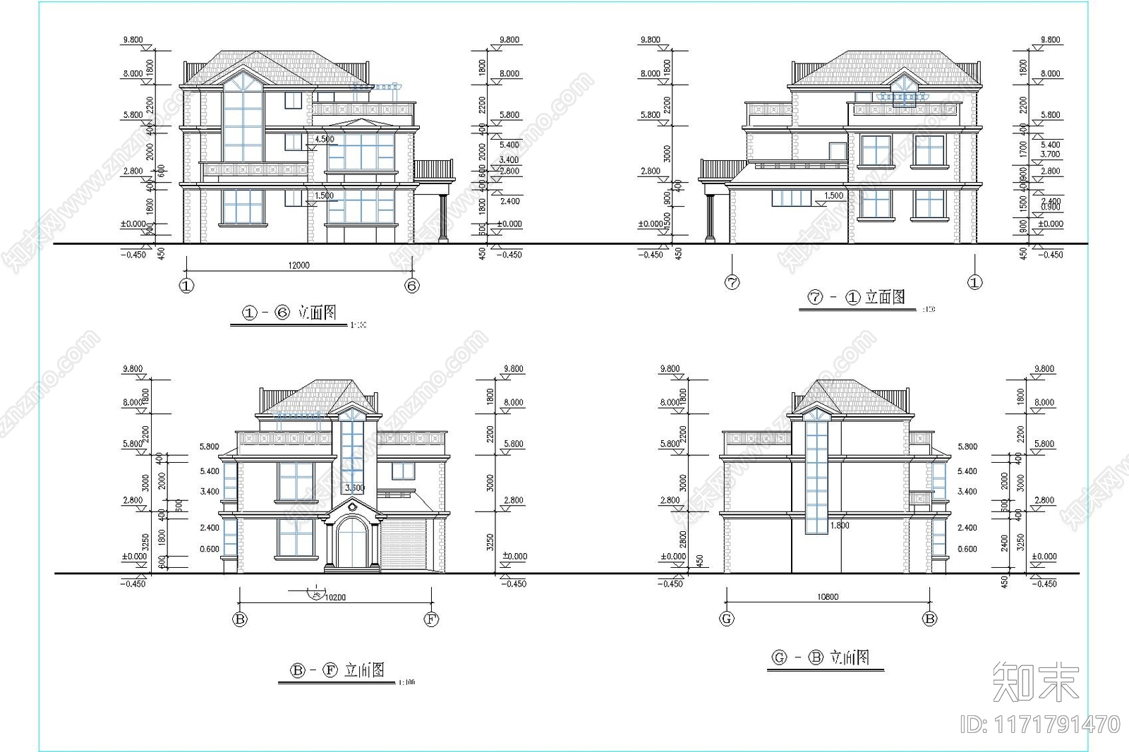 新中式中式别墅建筑施工图下载【ID:1171791470】