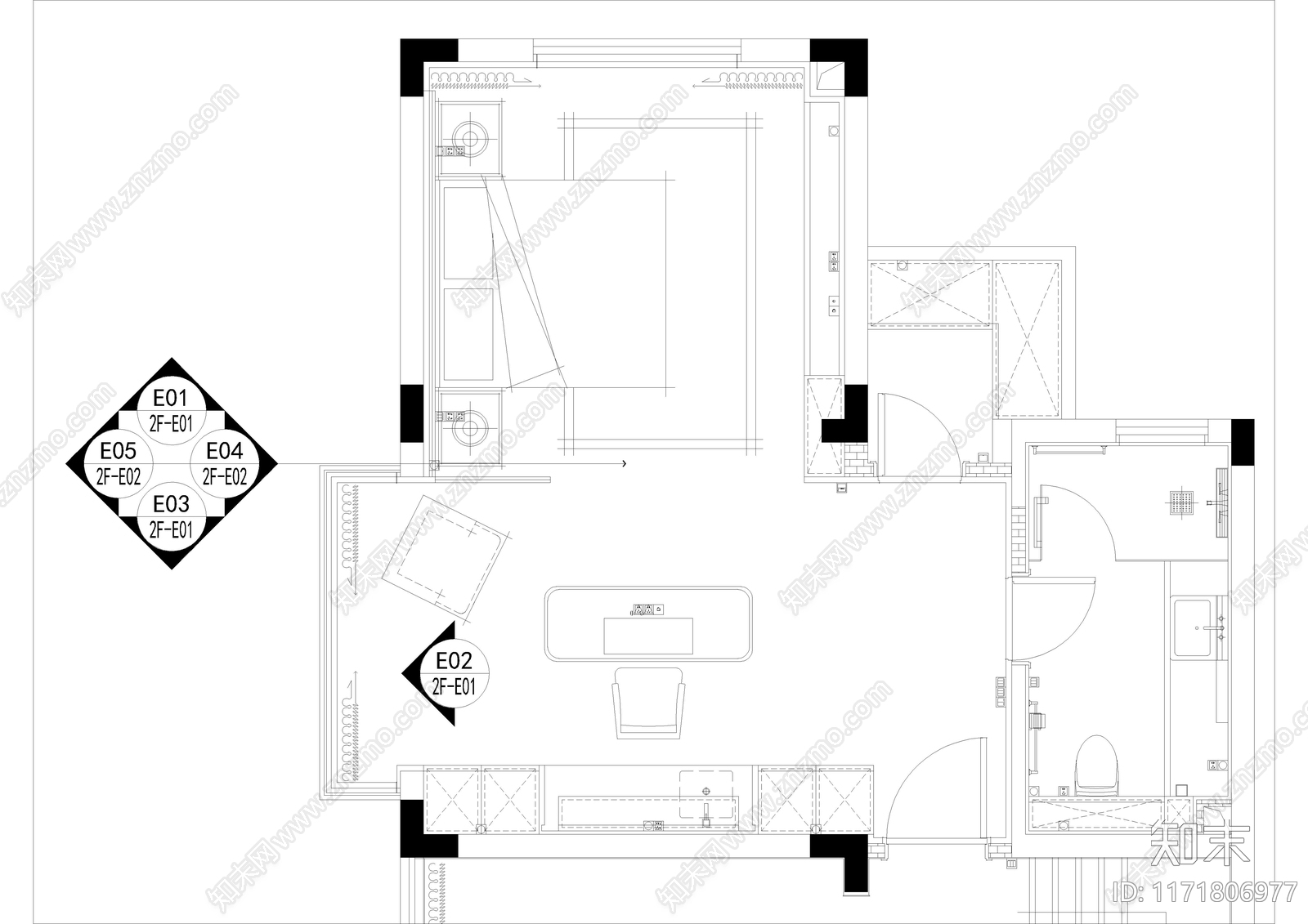 现代卧室cad施工图下载【ID:1171806977】