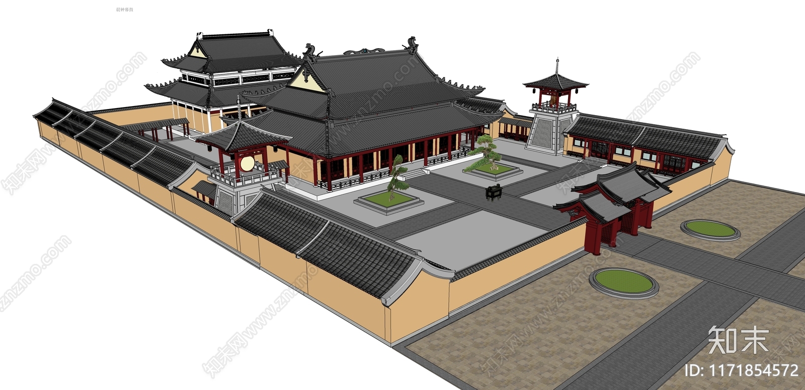 中式新中式寺庙建筑SU模型下载【ID:1171854572】