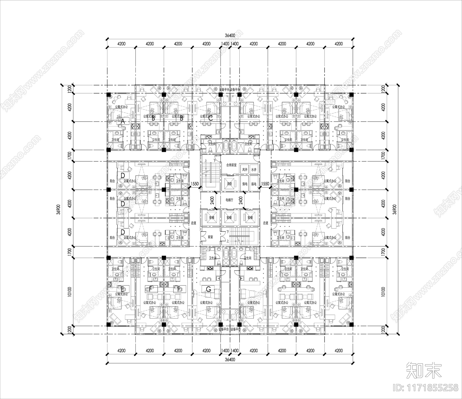 现代办公楼建筑cad施工图下载【ID:1171855258】