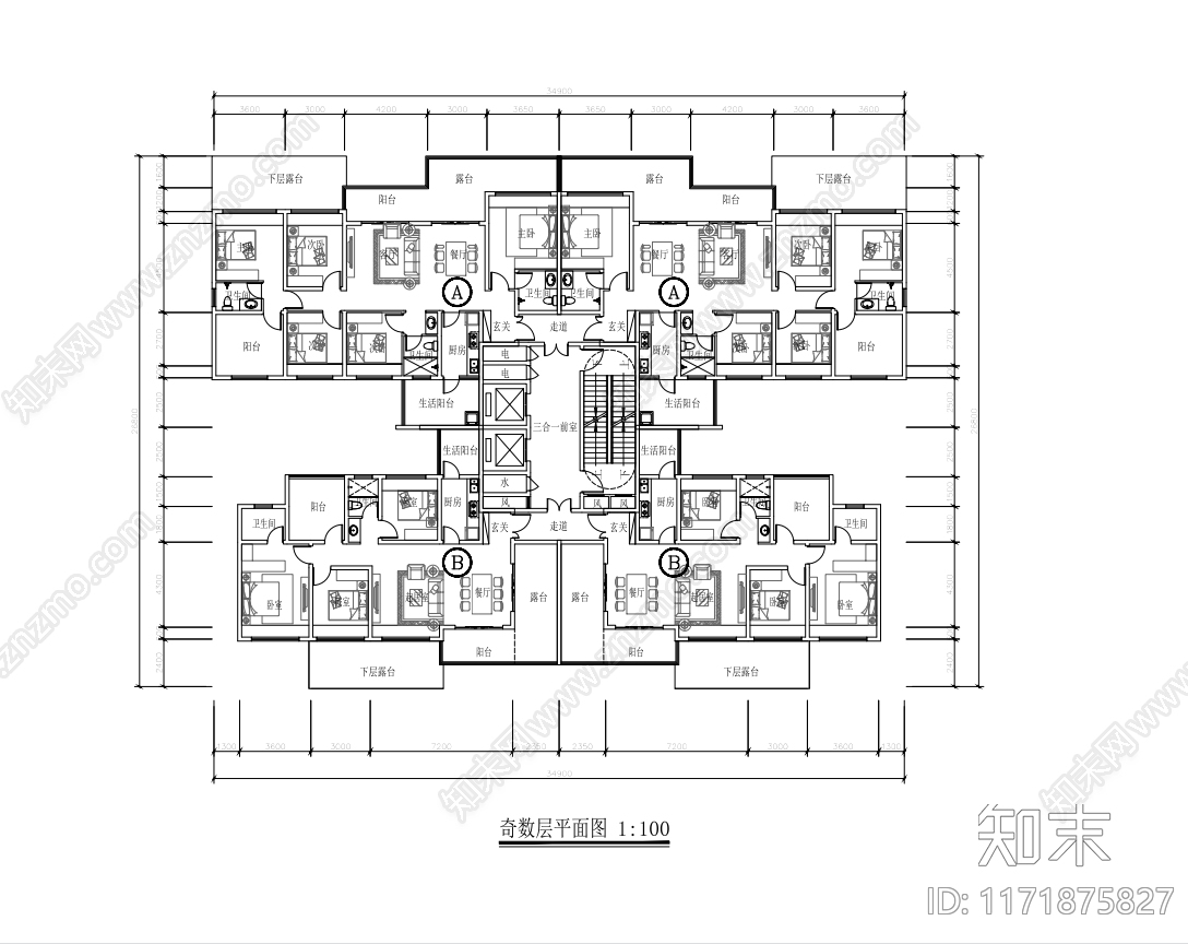 现代住宅楼建筑cad施工图下载【ID:1171875827】