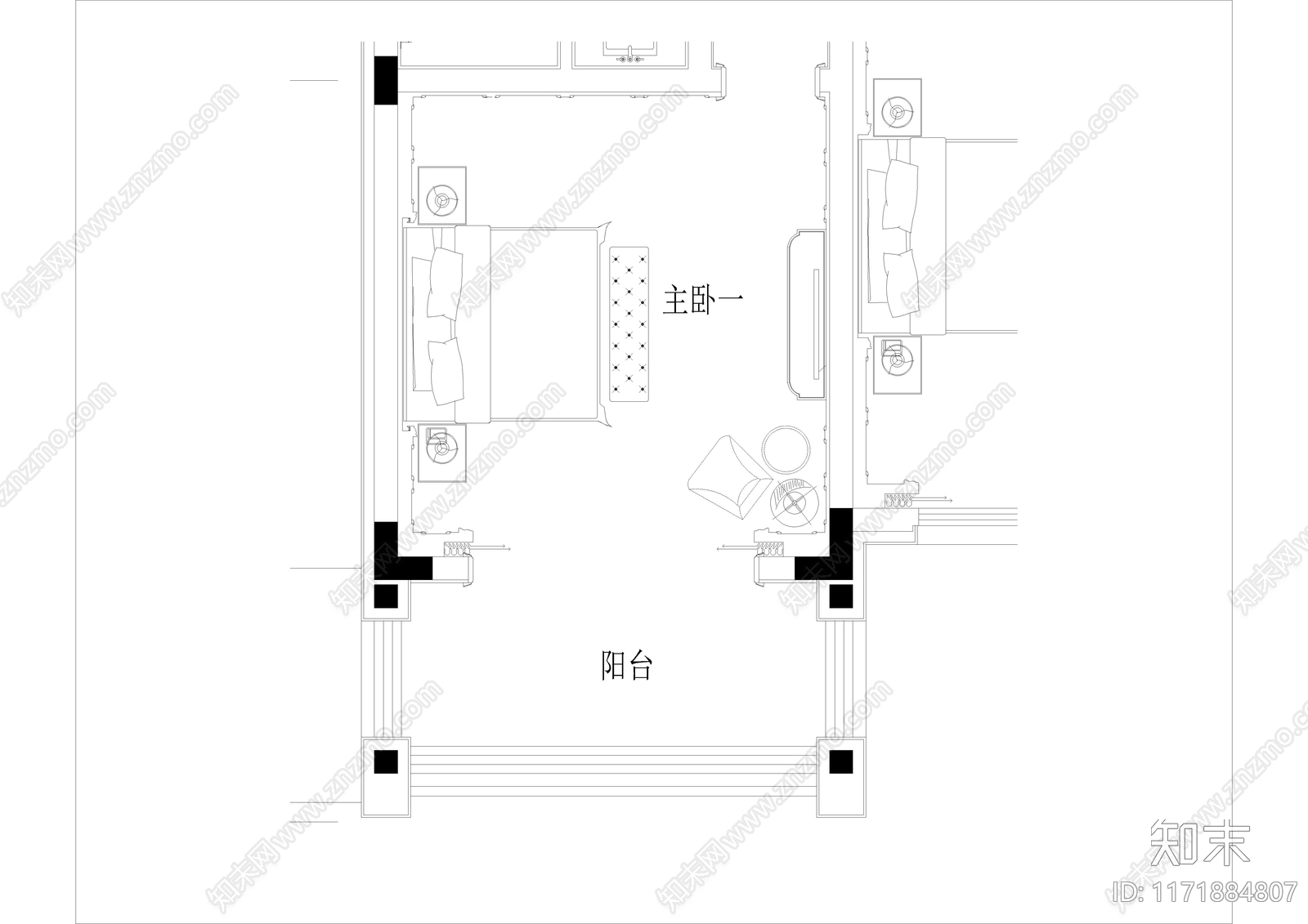 欧式卧室cad施工图下载【ID:1171884807】