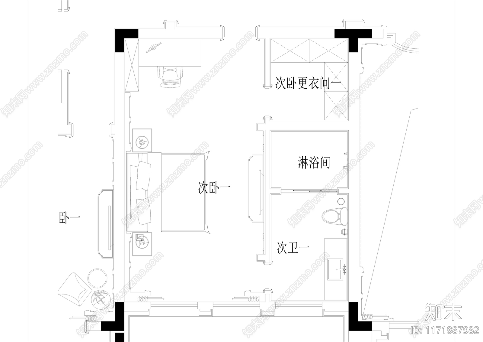 欧式卧室施工图下载【ID:1171887982】