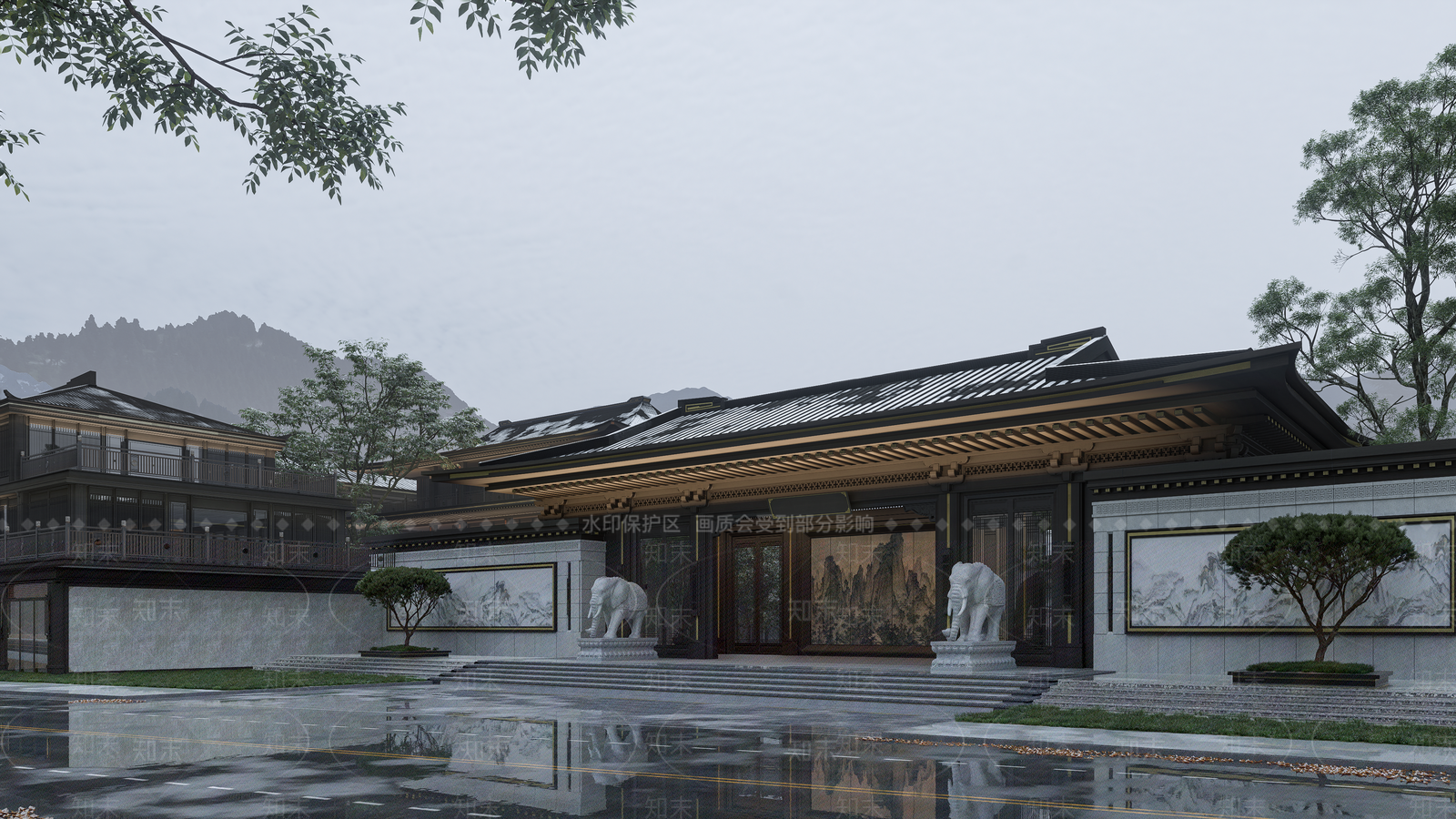 新中式复古酒店建筑SU模型下载【ID:1171893844】