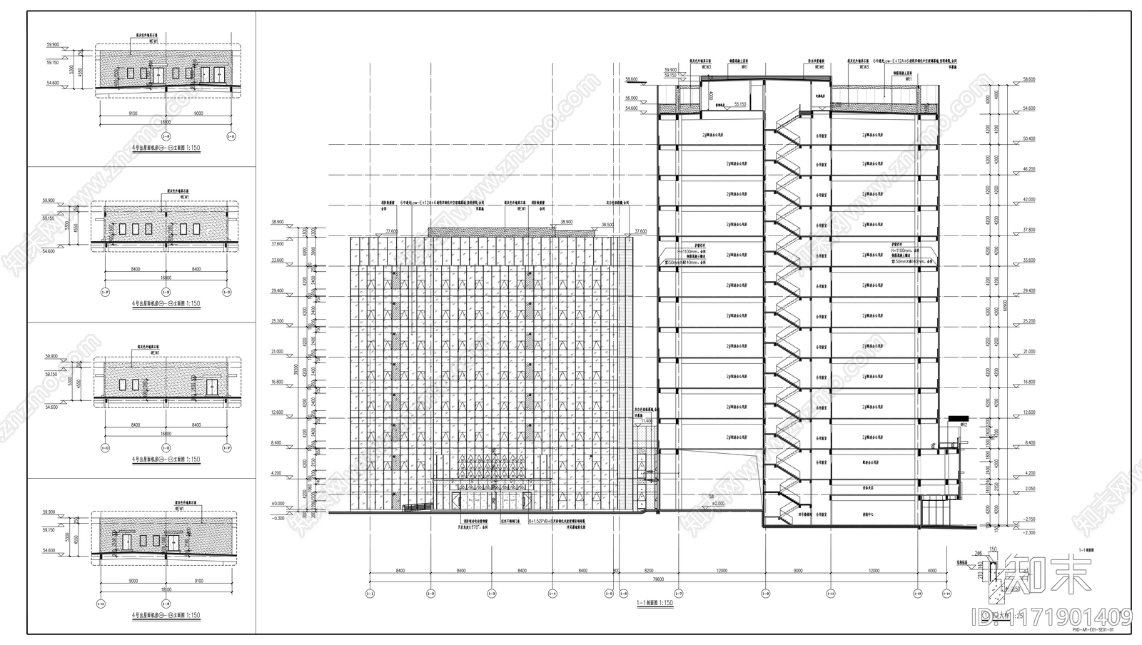 现代办公楼建筑施工图下载【ID:1171901409】